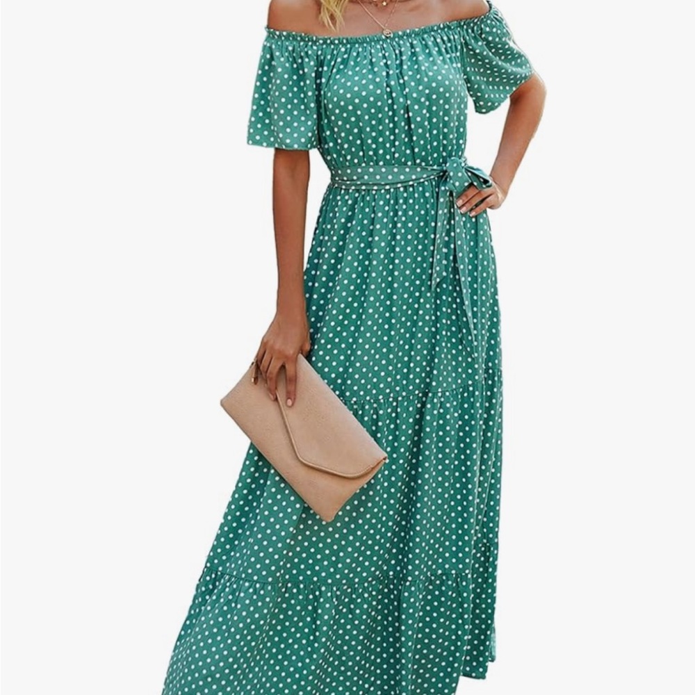 Green Polka Dot Off-Shoulder Dress